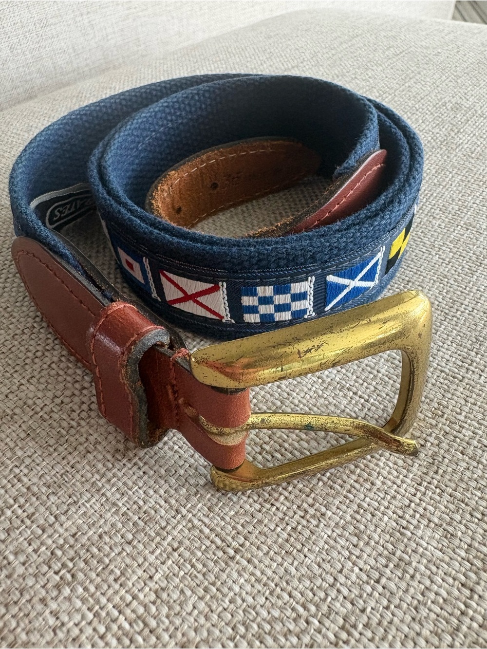 Bates Nautical Signal Flag Belt Size 36 Made in USA Navy Canvas Leather Trim